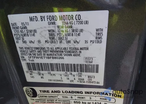 2011 Ford F-150 Xlt from USA, damaged, VIN 1FTFW1ET1BFB80266
